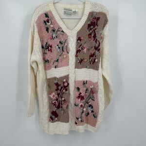 Shenanigans Womens L Vintage Hand Knit Floral Cardigan‎ Cottagecore Romantic